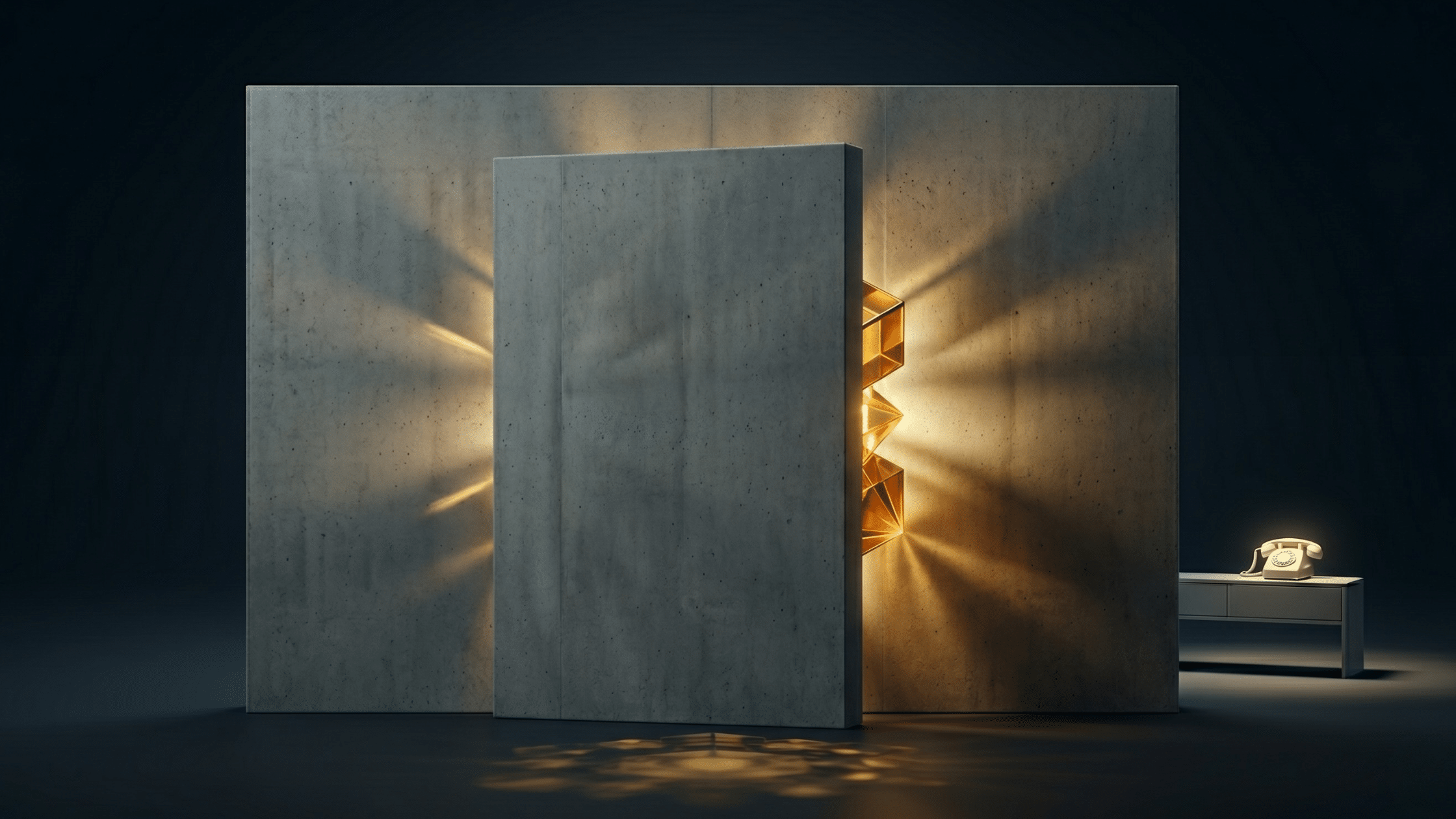 An abstract, premium architectural visual representing hidden corporate value. A plain, minimalist concrete barrier partially blocks a brilliant, glowing golden geometric structure, allowing sharp rays of light to slice through the dark background. To the right, a single classic telephone sits under a soft spotlight on a sleek bench, symbolizing a quiet sales pipeline due to generic positioning.