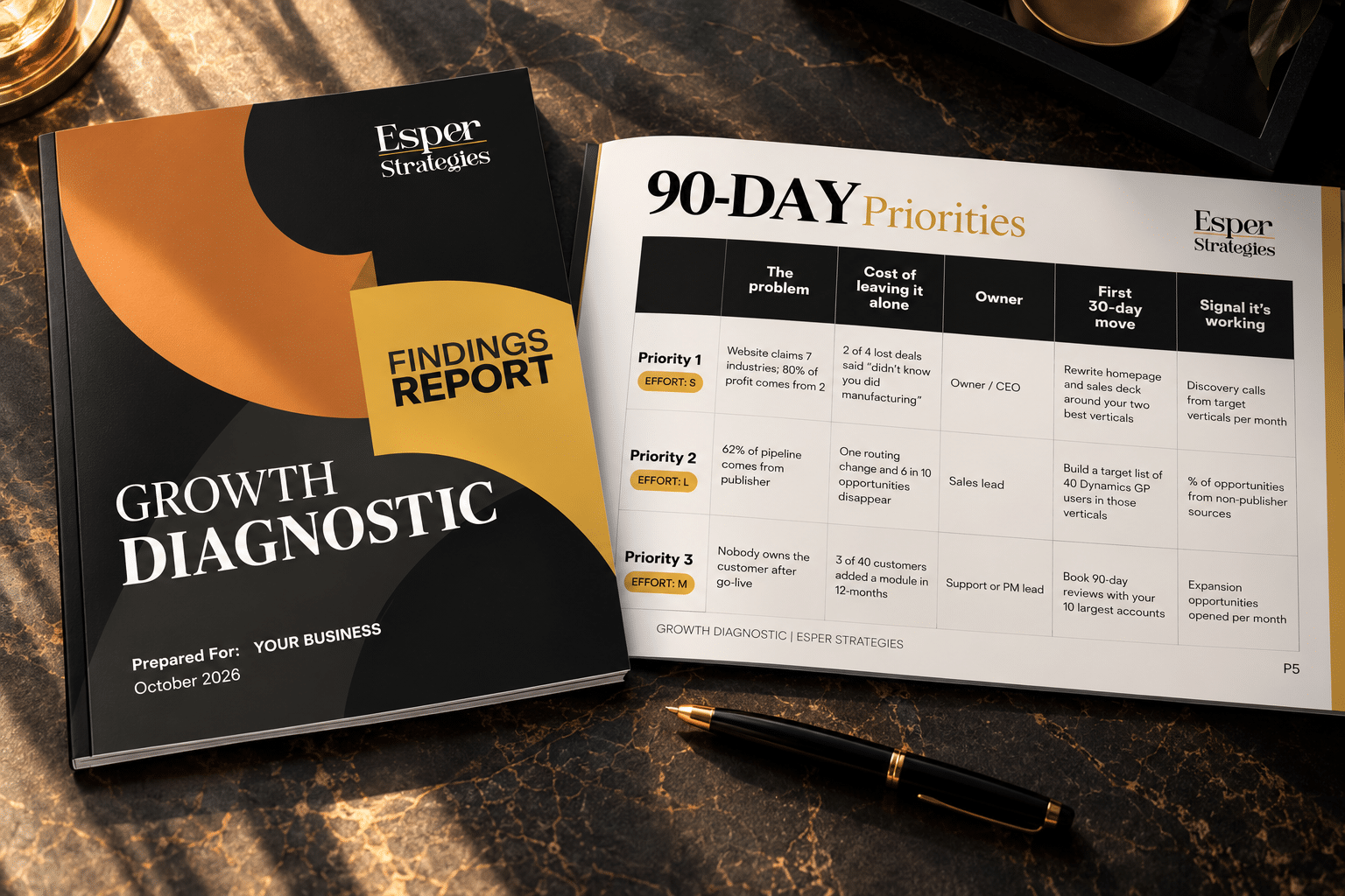 Sample Growth Diagnostic findings report showing the cover and a 90-day priorities table
